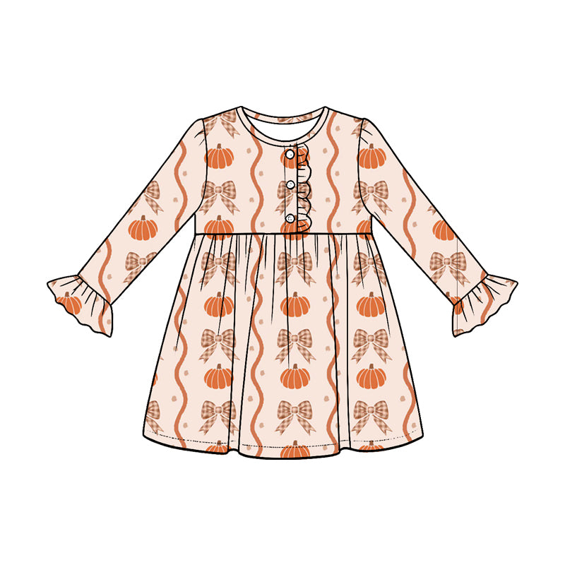 (Preorder new) No moq milk silk Baby Girls Pumpkins Bows Stripe Fall Button Top Ruffle Pants Set Dresses Romper