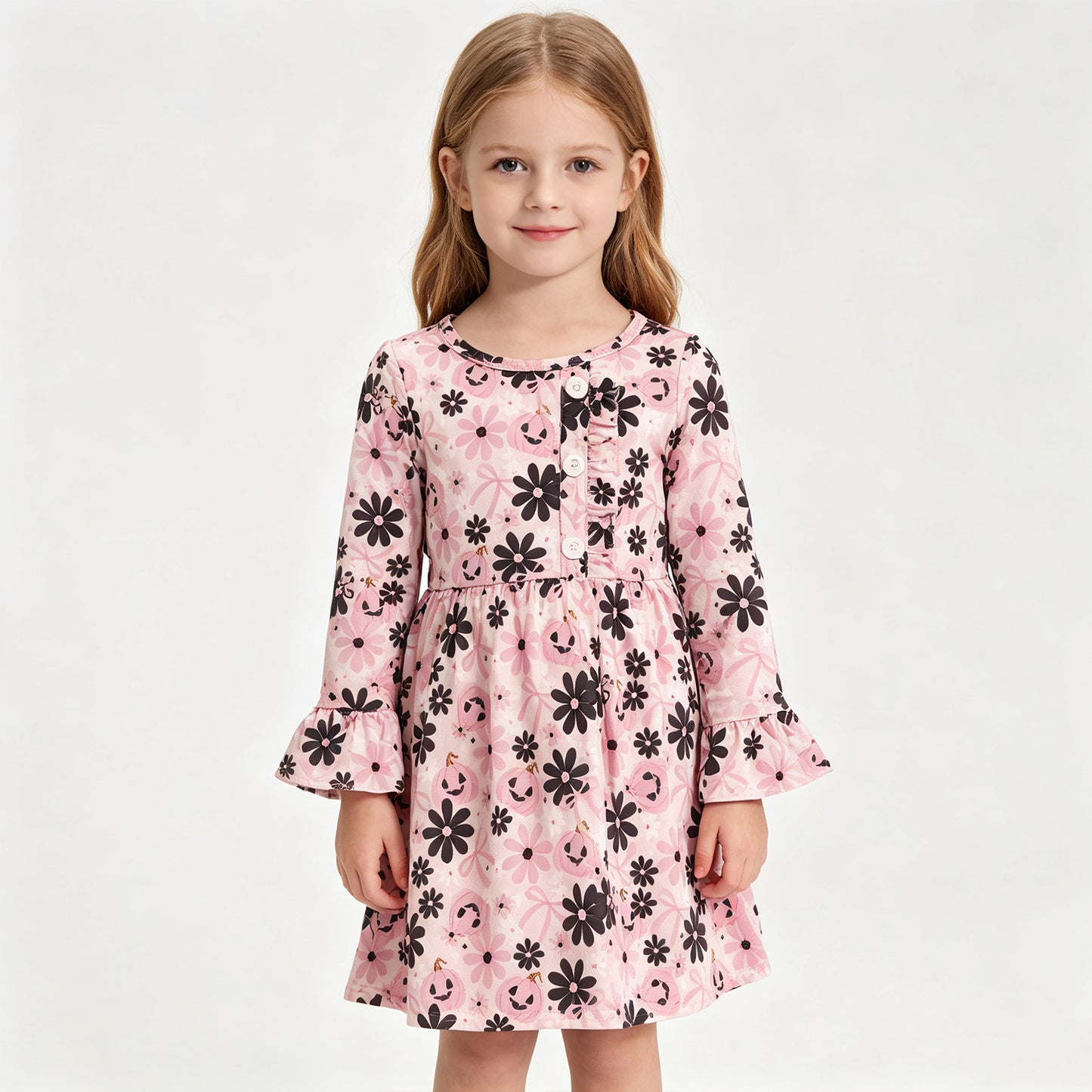 (Sample) No moq milk silk GLD1637 Baby Girls Ghosts Pumpkins Flowers Button Halloween Knee Length Dresses