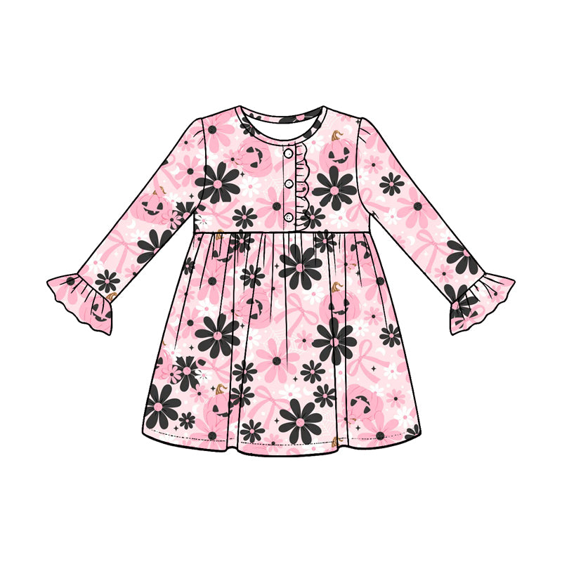 (Preorder new) No moq milk silk Baby Girls Pumpkin Print Bow Button Top Ruffle Pants Set Dresses Romper