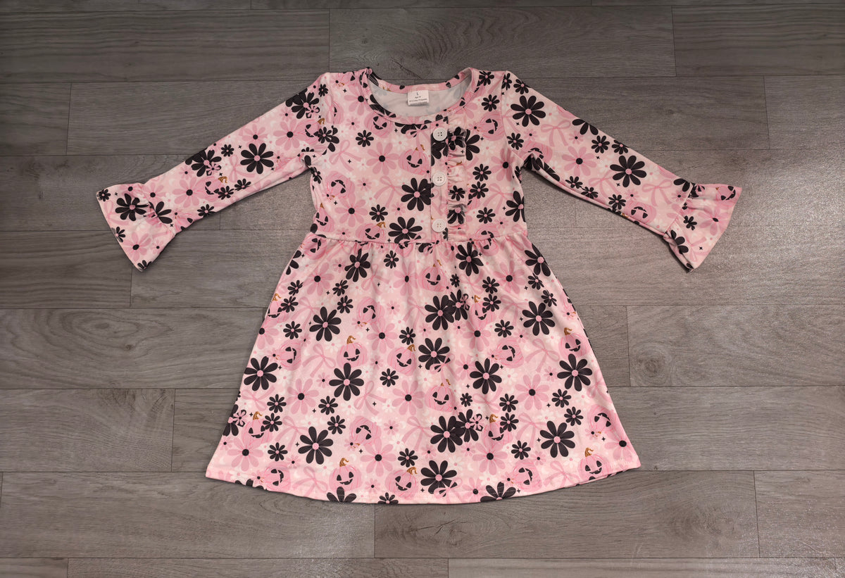(Sample) No moq milk silk GLD1637 Baby Girls Ghosts Pumpkins Flowers Button Halloween Knee Length Dresses