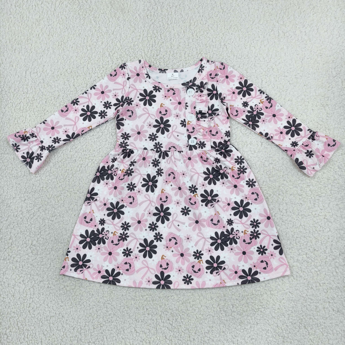 NEW RTS NO MOQ milk silk GLD1637 Baby Girls Ghosts Pumpkins Flowers Long Sleeve Button Halloween Knee Length Dresses