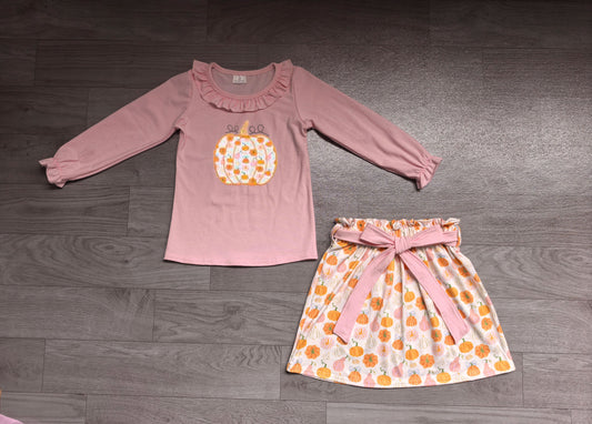 (Sample) No moq milk silk GLD1641 Embroidery Baby Girls Fall Pumpkin Long Sleeve Tunic Top Bow Short Skirt Outfit Set