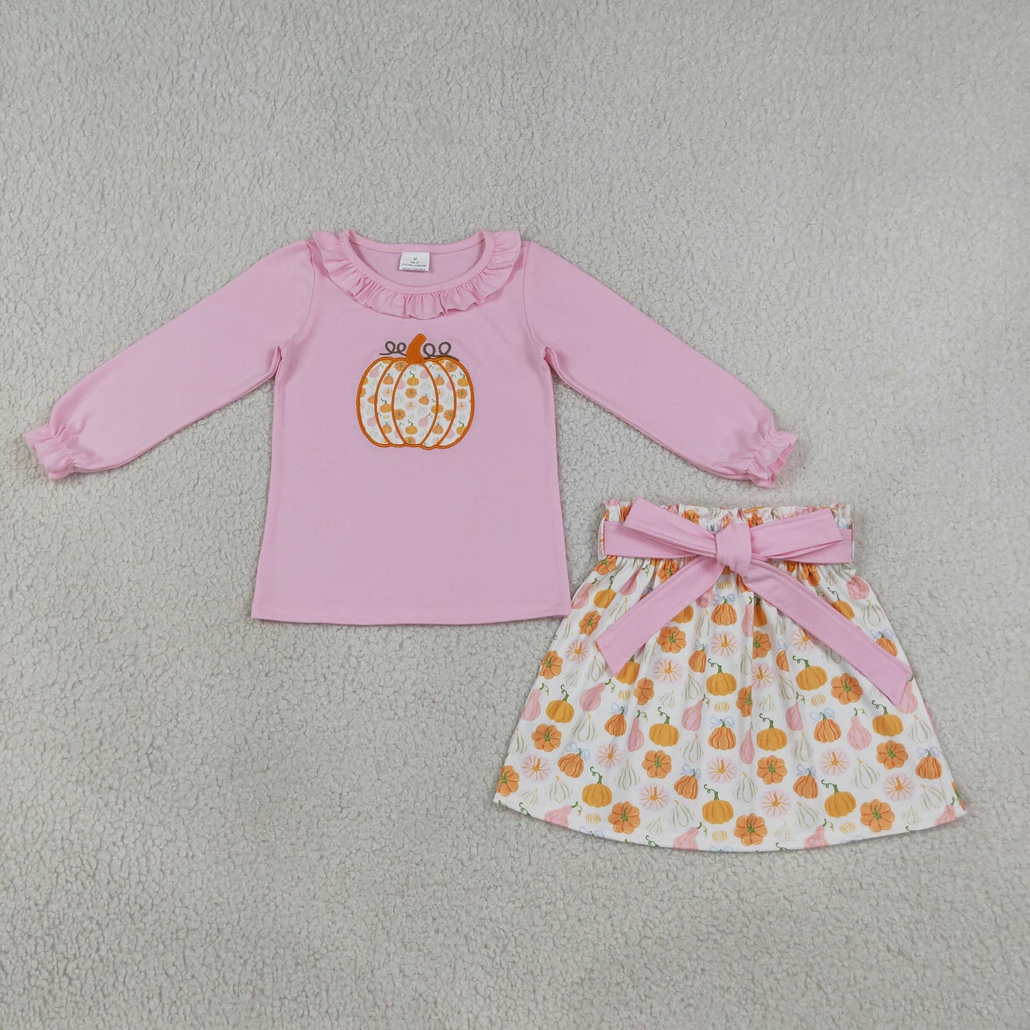 RTS NO MOQ Sibling milk silk Embroidery Pumpkins Baby Girls Collar Tunic Bows Skirt Fall Clothes Sets Dresses