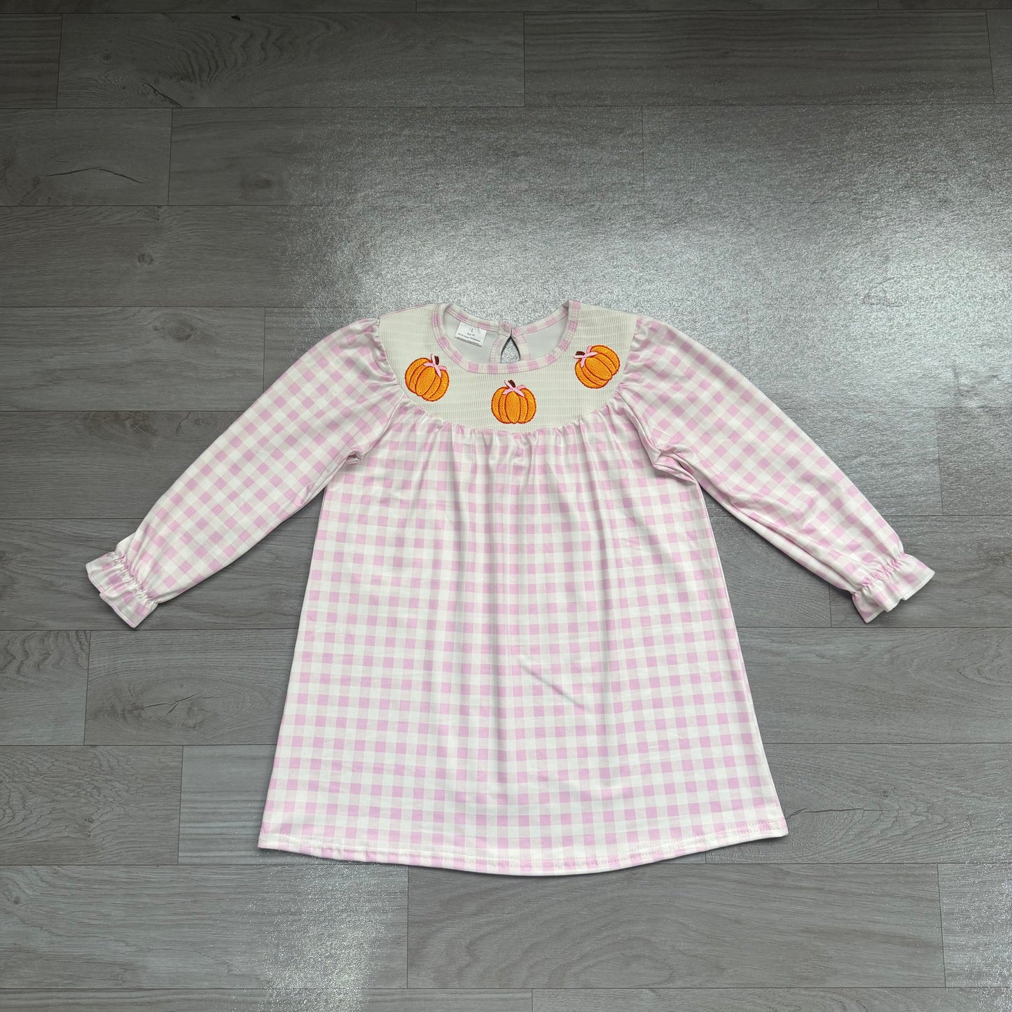 (Sample) No moq milk silk GLD1649 Smocked Baby Girls Fall Pink Checked Pumpkin Print Long Sleeve Knee Length Dress（3-6M-7-8T）