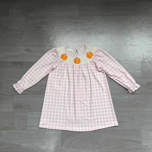 (Sample) No moq milk silk GLD1649 Smocked Baby Girls Fall Pink Checked Pumpkin Print Long Sleeve Knee Length Dress（3-6M-7-8T）