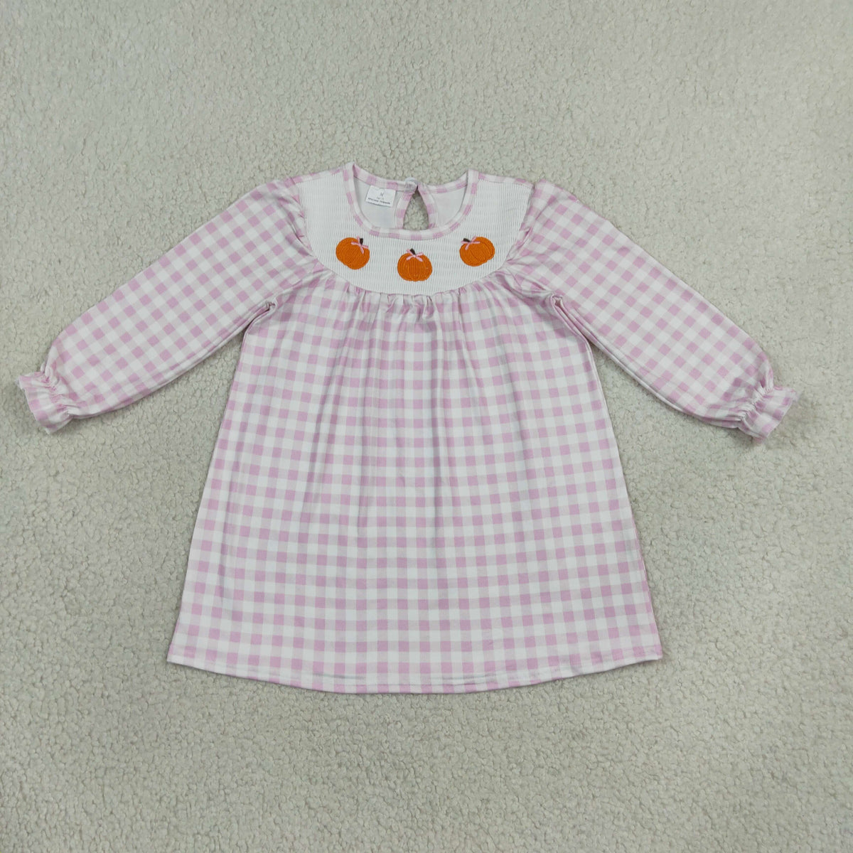 RTS NO MOQ Sibling milk silk Smocked Baby Girls Pink Gingham Pumpkin Embroidery Long Sleeve Dress And Bubble Romper