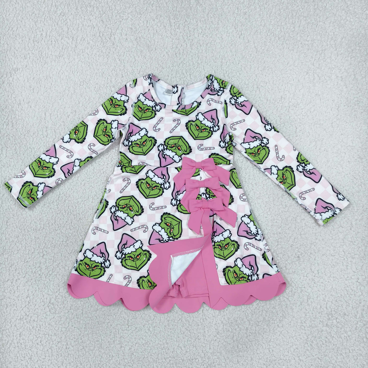 NEW RTS NO MOQ yoga fabric GLD1651 Baby Girls Candy Cane Bows Scallop Trim Yoga Active Short Dress