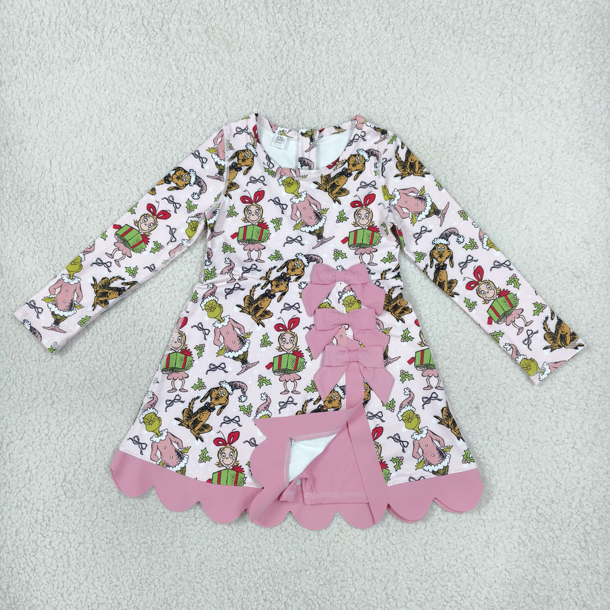 NEW RTS NO MOQ yoga fabric GLD1656 Baby Girls Gifts Bows Scallop Hem Christmas Yoga Active Knee Length Dress