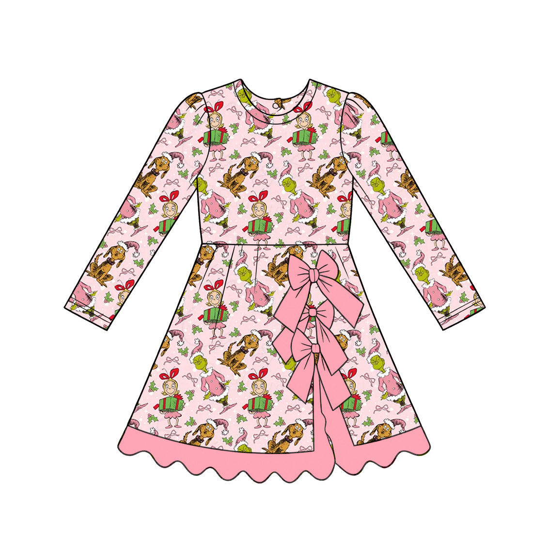 (Preorder new) No moq GLD1656 Yoga Baby Girls Christmas Bow  Scallop Edge Short Dress