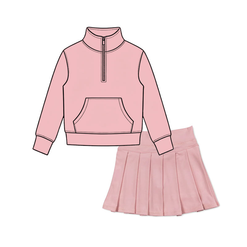 (Preorder new) No moq Baby Girls Zip Pocket Pullover Pleated Skort Yoga Active Matching Set