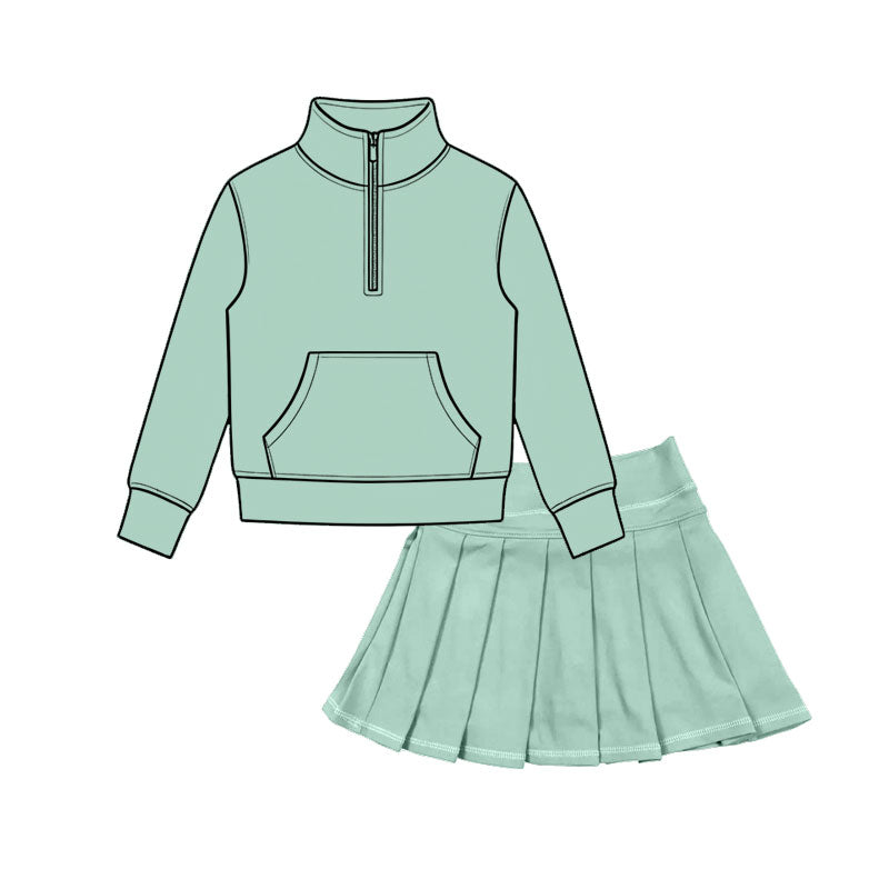 (Preorder new) No moq Baby Girls Zip Pocket Pullover Pleated Skort Yoga Active Matching Set