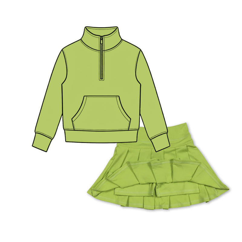 (Preorder new) No moq Baby Girls Zip Pocket Pullover Pleated Skort Yoga Active Matching Set