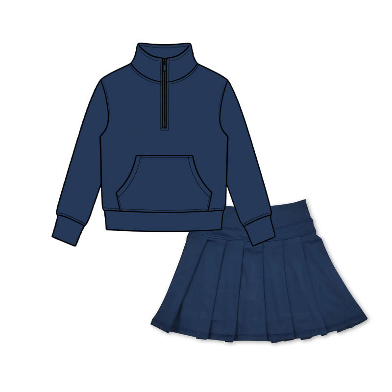 (Preorder new) No moq Baby Girls Zip Pocket Pullover Pleated Skort Yoga Active Matching Set