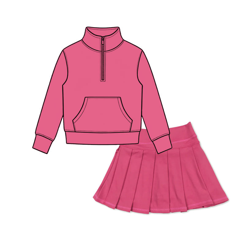 (Preorder new) No moq Baby Girls Zip Pocket Pullover Pleated Skort Yoga Active Matching Set