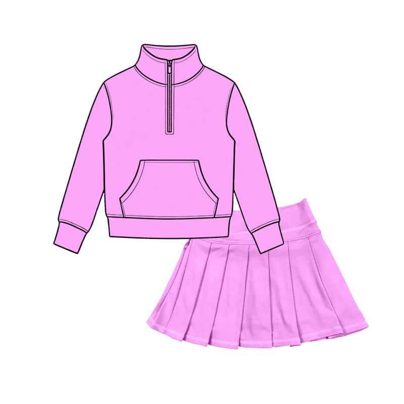 (Preorder new) No moq Baby Girls Zip Pocket Pullover Pleated Skort Yoga Active Matching Set