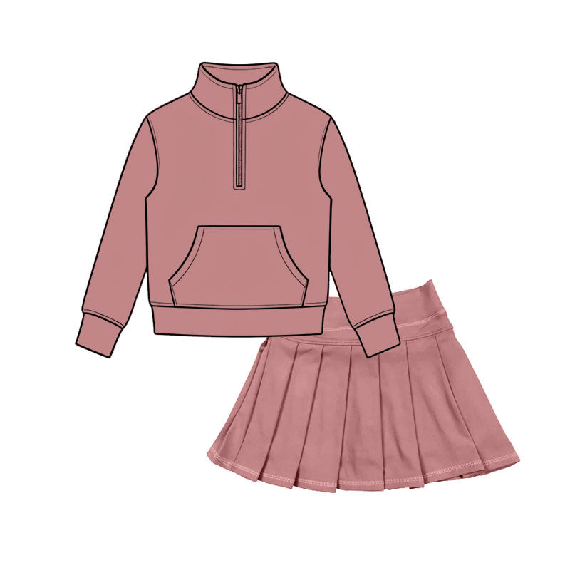 (Preorder new) No moq Baby Girls Zip Pocket Pullover Pleated Skort Yoga Active Matching Set