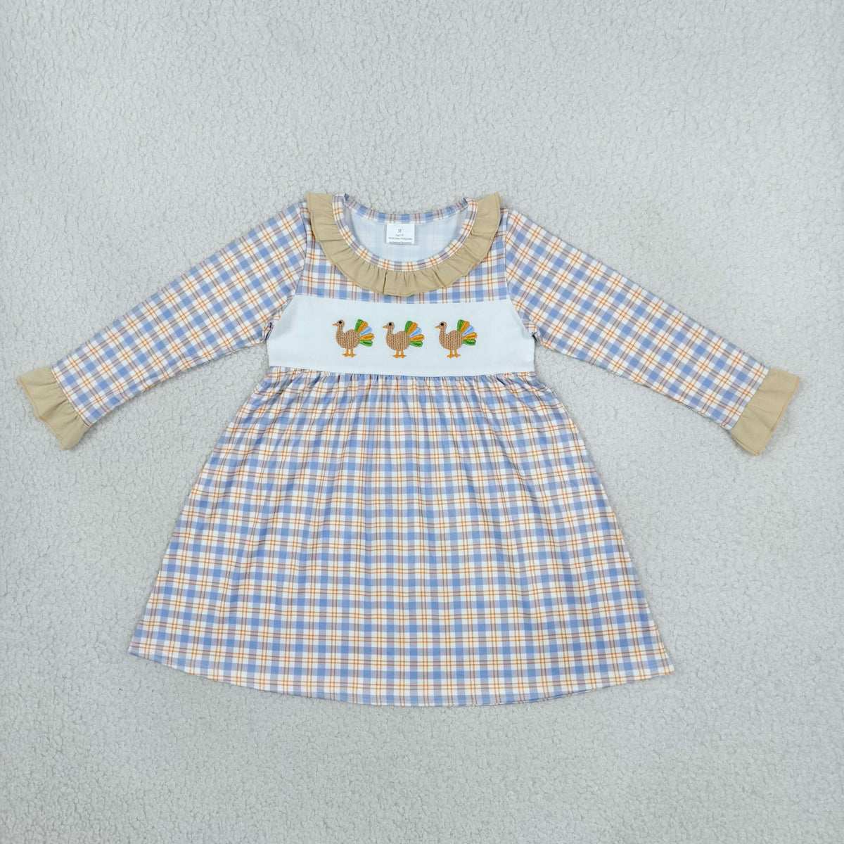 RTS NO MOQ Sibling milk silk Embroidered Baby Girls Thanksgiving Plaid Turkey Embroidery Long Sleeve Dress Ruffle Neck Outfit Romper