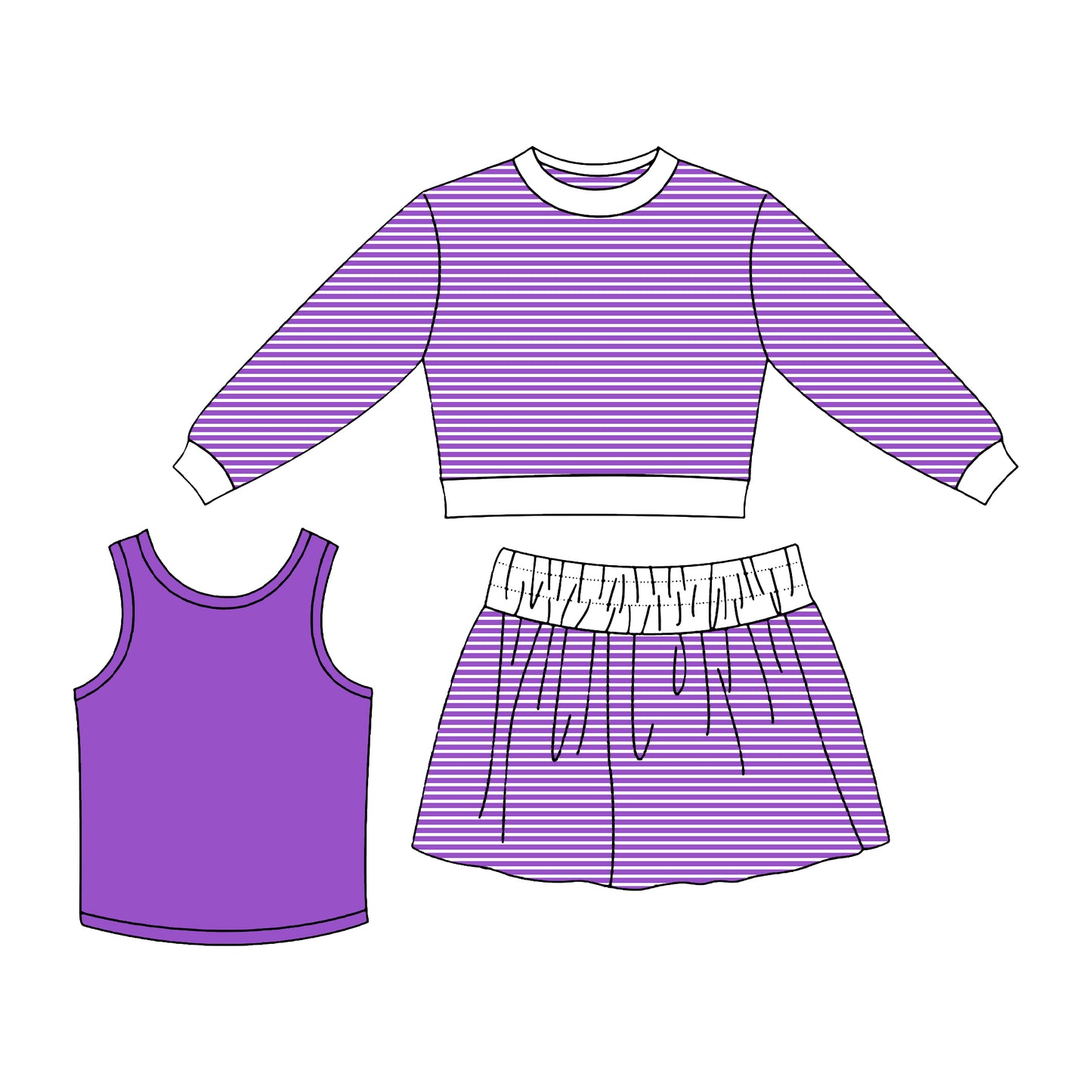 (Preorder new) No moq Yoga Baby Girls Three Piece Yoga Active Set Long Sleeve Top Skort Shorts Matching Clothes