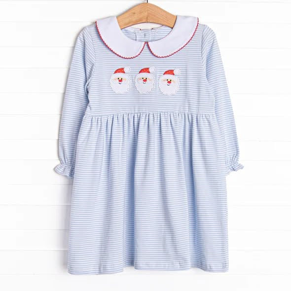 (Preorder new) No moq GLD1673 Baby Girls Christmas Blue Stripe Santa Collar Print Knee Length Casual Dress