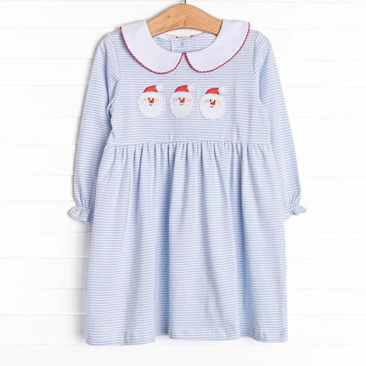 (Preorder new) No moq GLD1673 Baby Girls Christmas Blue Stripe Santa Collar Print Knee Length Casual Dress