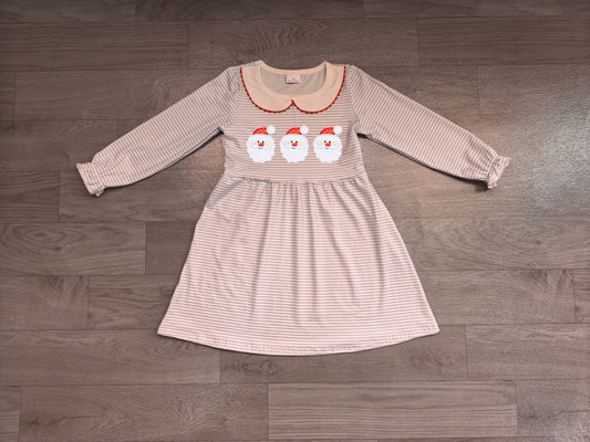 (Sample) No moq milk silk GLD1673 Embroidery Baby Girls Christmas Blue Stripe Santa Collar Print Knee Length Casual Dress