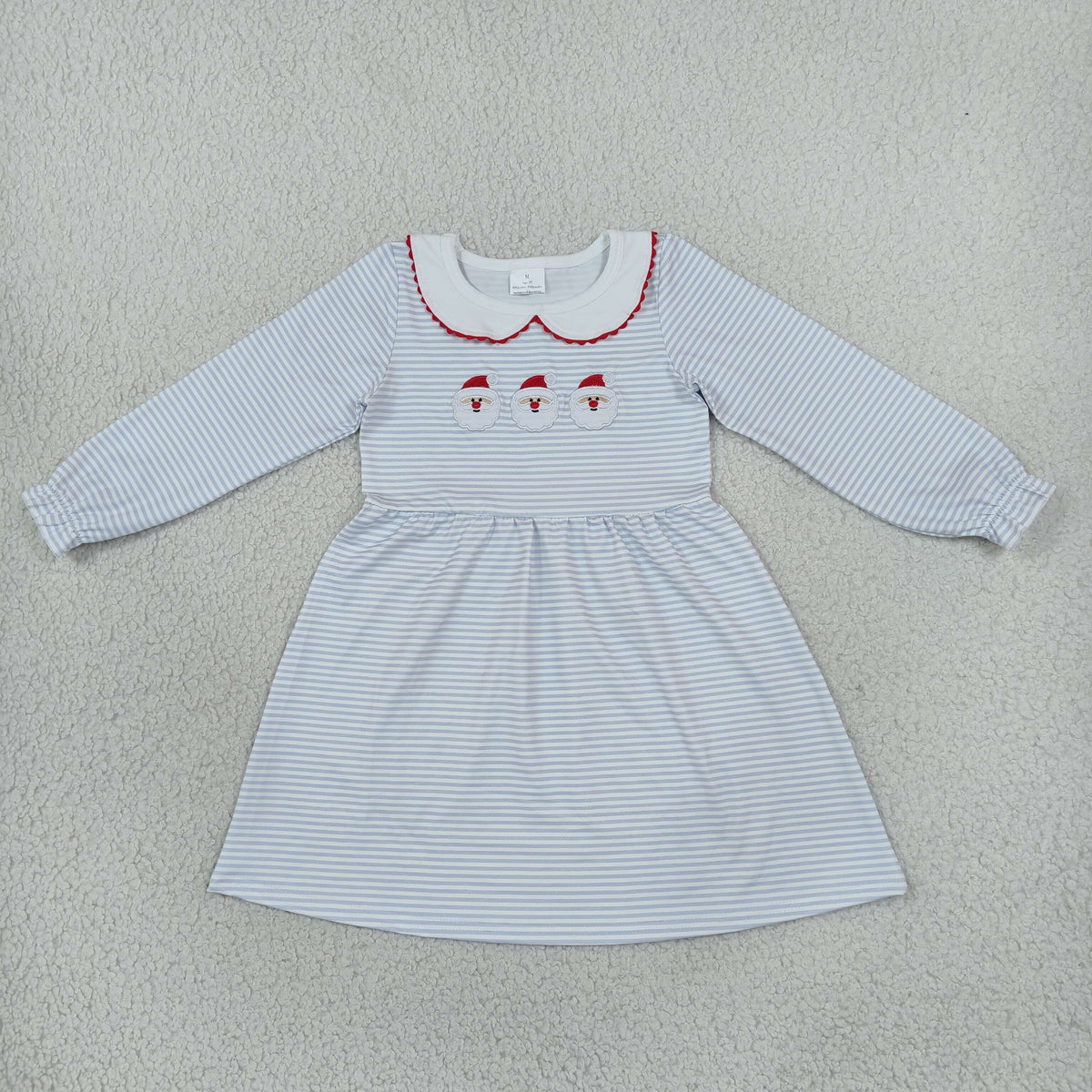 NEW RTS NO MOQ milk silk GLD1673 Embroidery Baby Girls Cute Christmas Blue Stripe Santa Collar Print Knee Length Dress