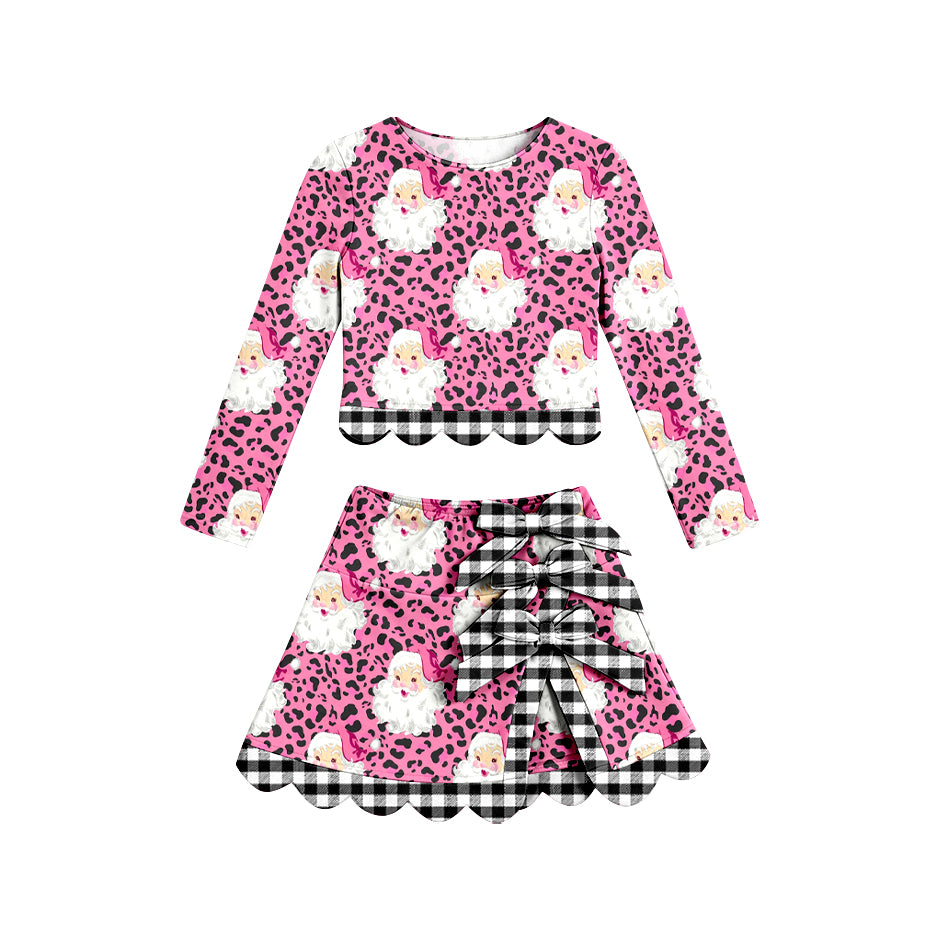 (Preorder new) No moq Baby Girls Red Checked Christmas Tree Print Scallop Trim Long Sleeve Top And Skort Shorts Yoga Active Clothes Set