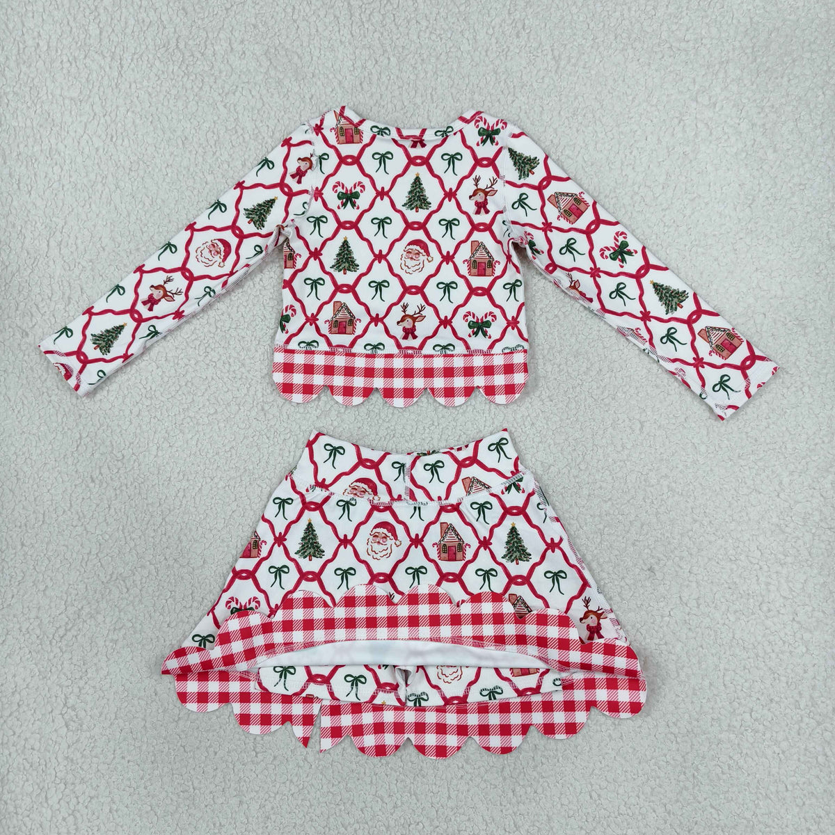 NEW RTS NO MOQ yoga fabric GLD1676 Baby Girls Bows Top Bows Skort Short Christmas Yoga Active Scallop Clothes Set Cute Holiday Outfit