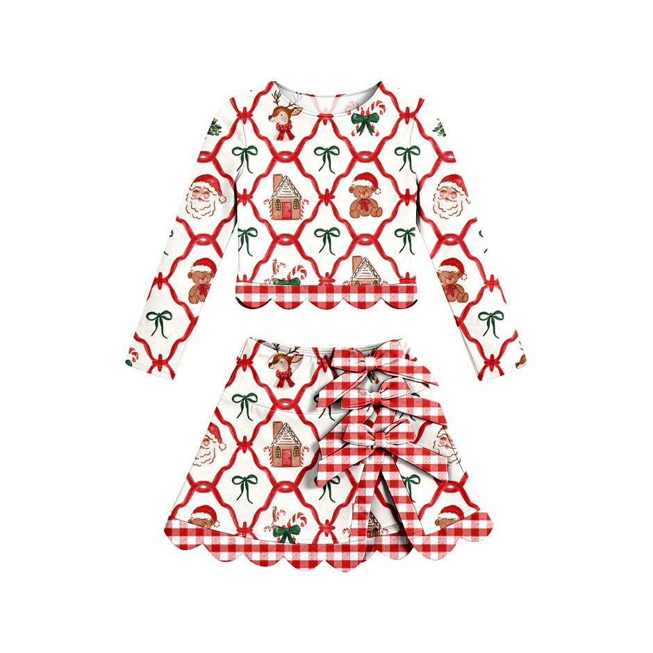 (Preorder new) No moq Baby Girls Red Checked Christmas Tree Print Scallop Trim Long Sleeve Top And Skort Shorts Yoga Active Clothes Set