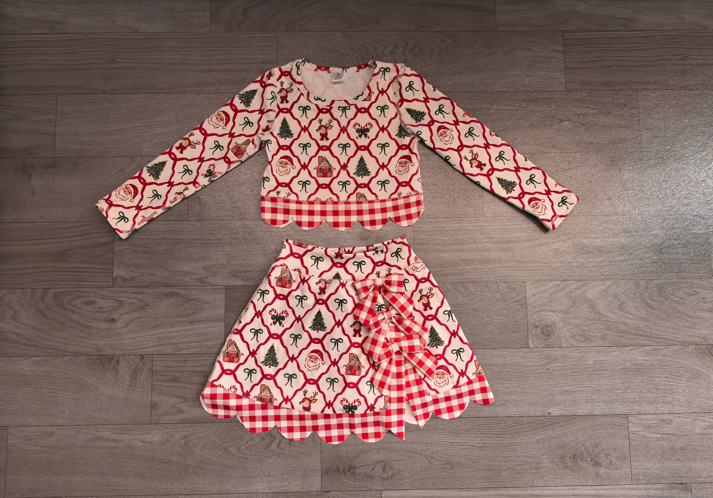 (Sample) No moq Yoga GLD1676 Baby Girls Gingerbread Bows Top Bows Skirt Short Christmas Yoga Active Scallop Clothes Set