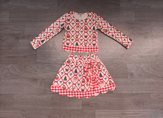 (Sample) No moq Yoga GLD1676 Baby Girls Gingerbread Bows Top Bows Skirt Short Christmas Yoga Active Scallop Clothes Set