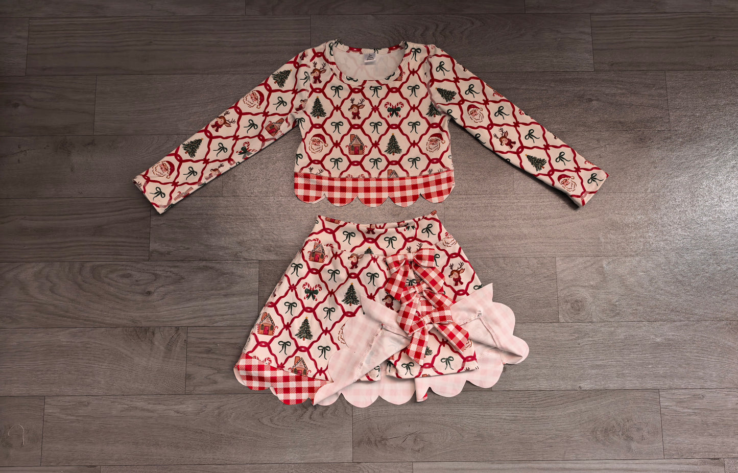 (Sample) No moq Yoga GLD1676 Baby Girls Gingerbread Bows Top Bows Skirt Short Christmas Yoga Active Scallop Clothes Set