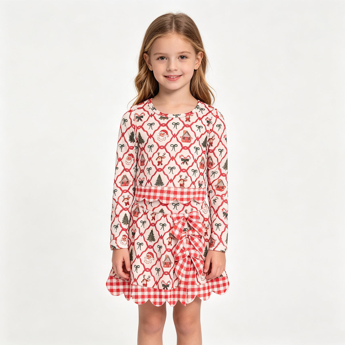 (Sample) No moq Yoga GLD1676 Baby Girls Gingerbread Bows Top Bows Skirt Short Christmas Yoga Active Scallop Clothes Set