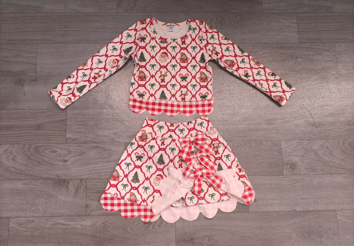 (Sample) No moq Yoga GLD1676 Baby Girls Gingerbread Bows Top Bows Skirt Short Christmas Yoga Active Scallop Clothes Set