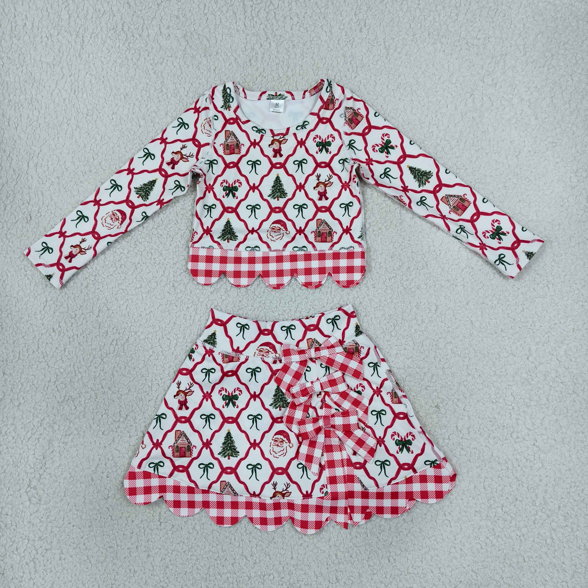 RTS NO MOQ Sibling yoga fabric Baby Girls Christmas Print Long Sleeve Top And Scallop Skirt Yoga Outfit