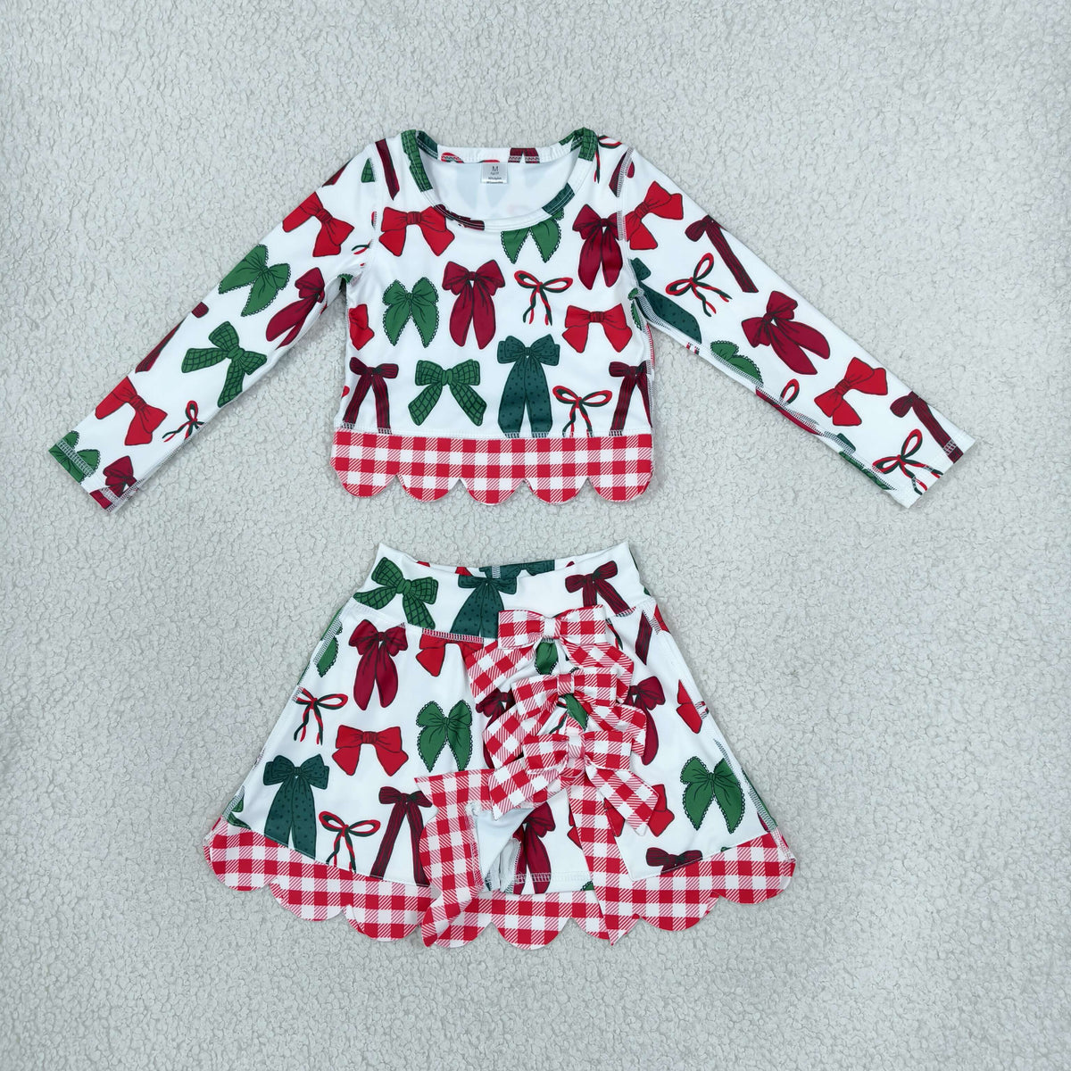 NEW RTS NO MOQ yoga fabric GLD1677 Baby Girls Green Red Bows Top Bows Skort Short Christmas Yoga Active Scallop Clothes Set Cute Holiday Outfit