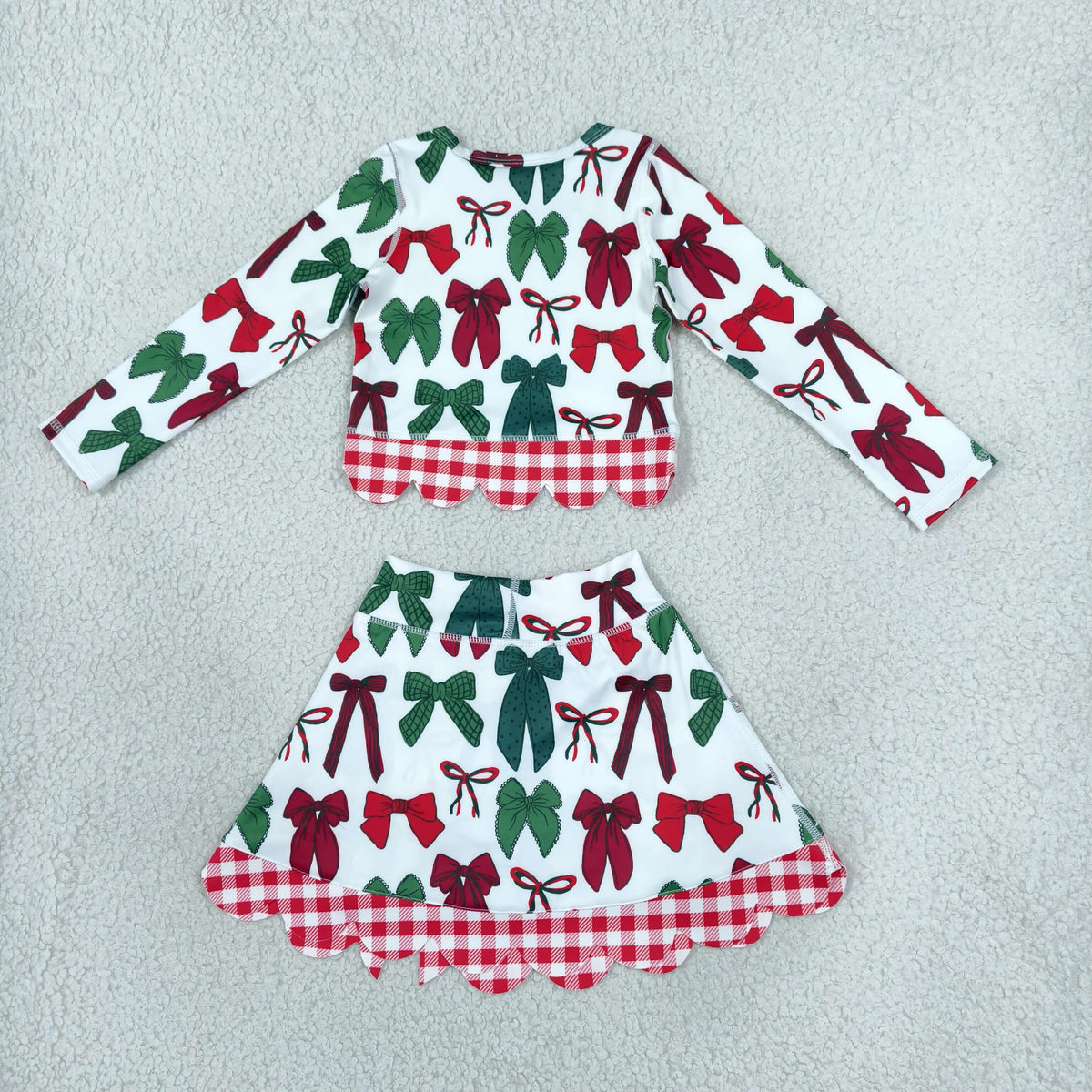 NEW RTS NO MOQ yoga fabric GLD1677 Baby Girls Green Red Bows Top Bows Skort Short Christmas Yoga Active Scallop Clothes Set Cute Holiday Outfit