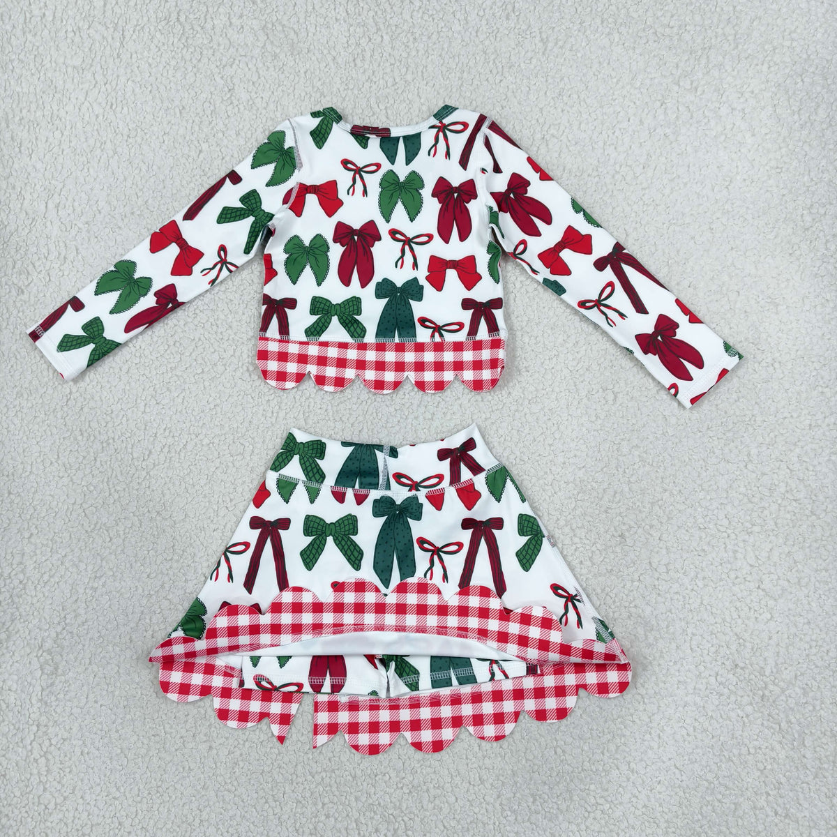 NEW RTS NO MOQ yoga fabric GLD1677 Baby Girls Green Red Bows Top Bows Skort Short Christmas Yoga Active Scallop Clothes Set Cute Holiday Outfit