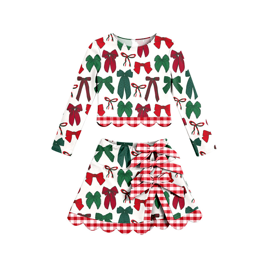 (Preorder new) No moq Baby Girls Red Checked Christmas Tree Print Scallop Trim Long Sleeve Top And Skort Shorts Yoga Active Clothes Set