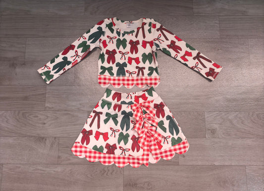 (Sample) No moq Yoga GLD1677 Baby Girls Green Red Bows Top Bows Skirt Short Christmas Yoga Active Scallop Clothes Set
