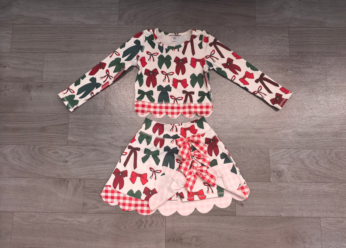 (Sample) No moq Yoga GLD1677 Baby Girls Green Red Bows Top Bows Skirt Short Christmas Yoga Active Scallop Clothes Set