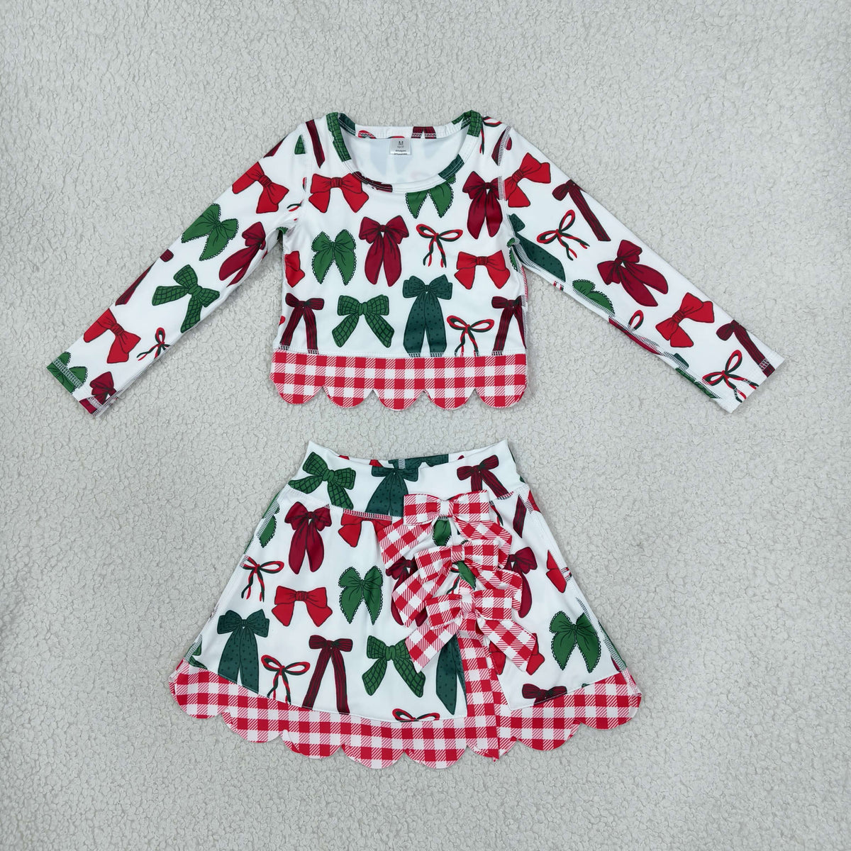 NEW RTS NO MOQ yoga fabric GLD1677 Baby Girls Green Red Bows Top Bows Skort Short Christmas Yoga Active Scallop Clothes Set Cute Holiday Outfit