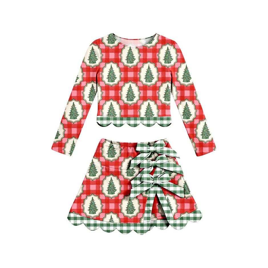 (Preorder new) No moq Baby Girls Red Checked Christmas Tree Print Scallop Trim Long Sleeve Top And Skort Shorts Yoga Active Clothes Set
