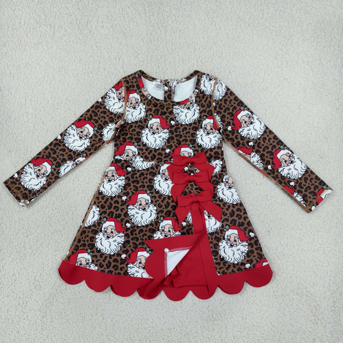 NEW RTS NO MOQ yoga fabric GLD1679 Baby Girls Leopard Santa Christmas Bows Scallop Yoga Active Knee Length Dress