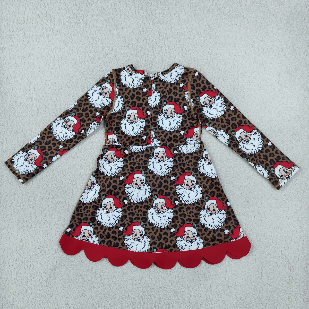 NEW RTS NO MOQ yoga fabric GLD1679 Baby Girls Leopard Santa Christmas Bows Scallop Yoga Active Knee Length Dress