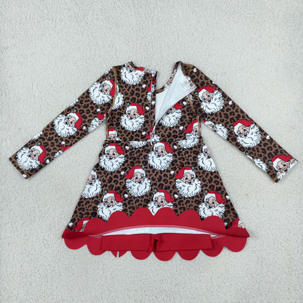NEW RTS NO MOQ yoga fabric GLD1679 Baby Girls Leopard Santa Short Christmas Bows Scallop Yoga Active Knee Length Dress Christmas Holiday Dress