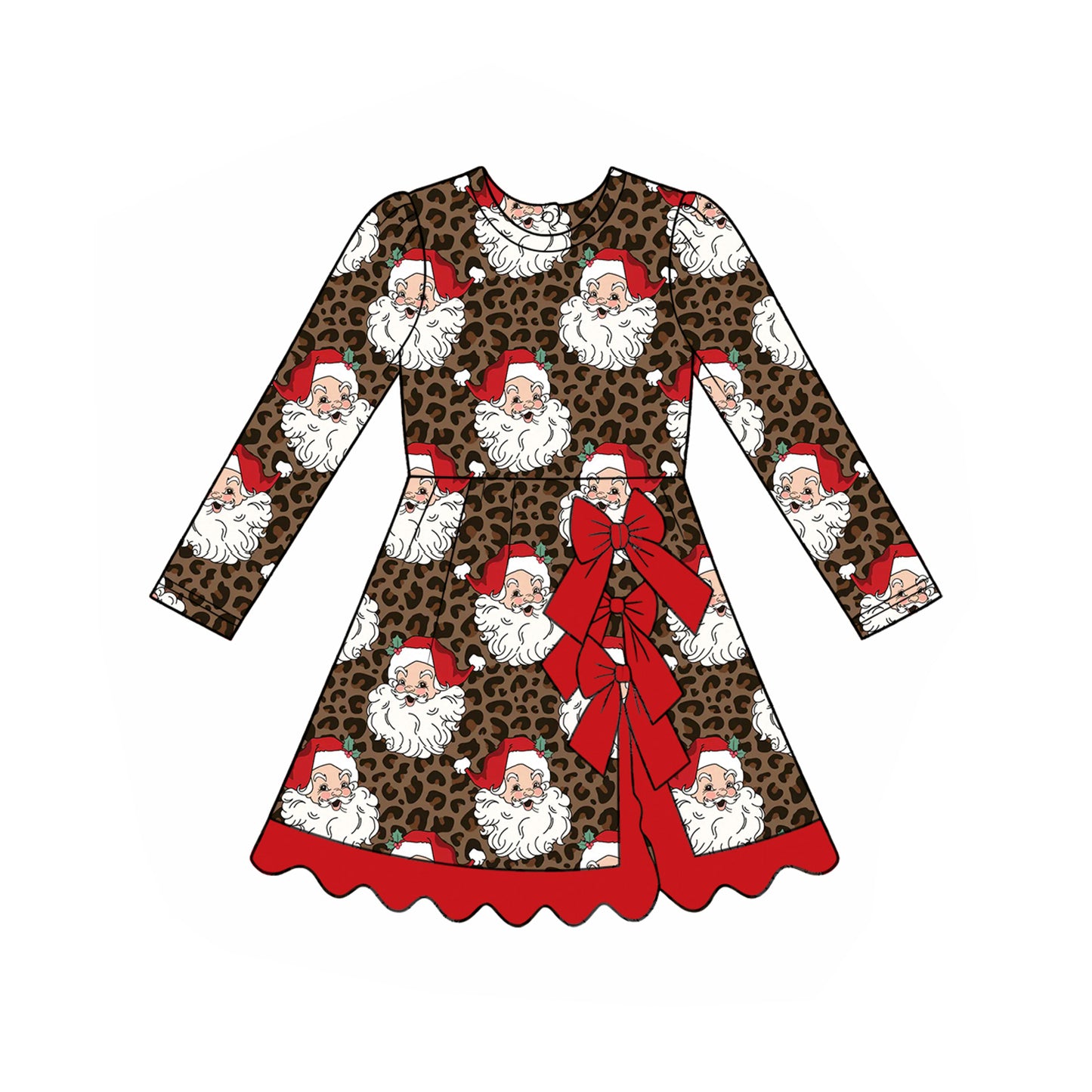 (Preorder new) No moq Baby Girls Leopard Santa Print Long Sleeve Top Flare Pants Set Yoga Active Knee Length Dress