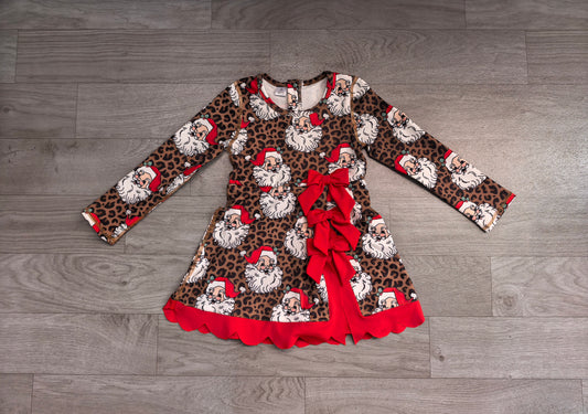 (Sample) No moq yoga fabric GLD1679 Baby Girls Leopard Santa Short Christmas Bows Scallop Yoga Active Knee Length Dress Christmas Holiday Dress