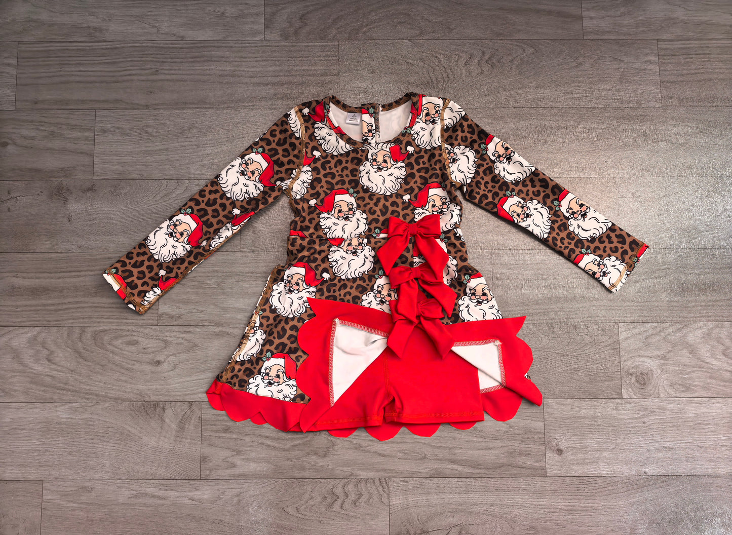 (Sample) No moq yoga fabric GLD1679 Baby Girls Leopard Santa Short Christmas Bows Scallop Yoga Active Knee Length Dress Christmas Holiday Dress