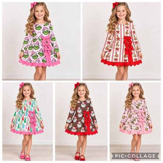 RTS NO MOQ Sibling yoga fabric Baby Girls Yoga Christmas Long Sleeve Scallop Dress With Back Bow